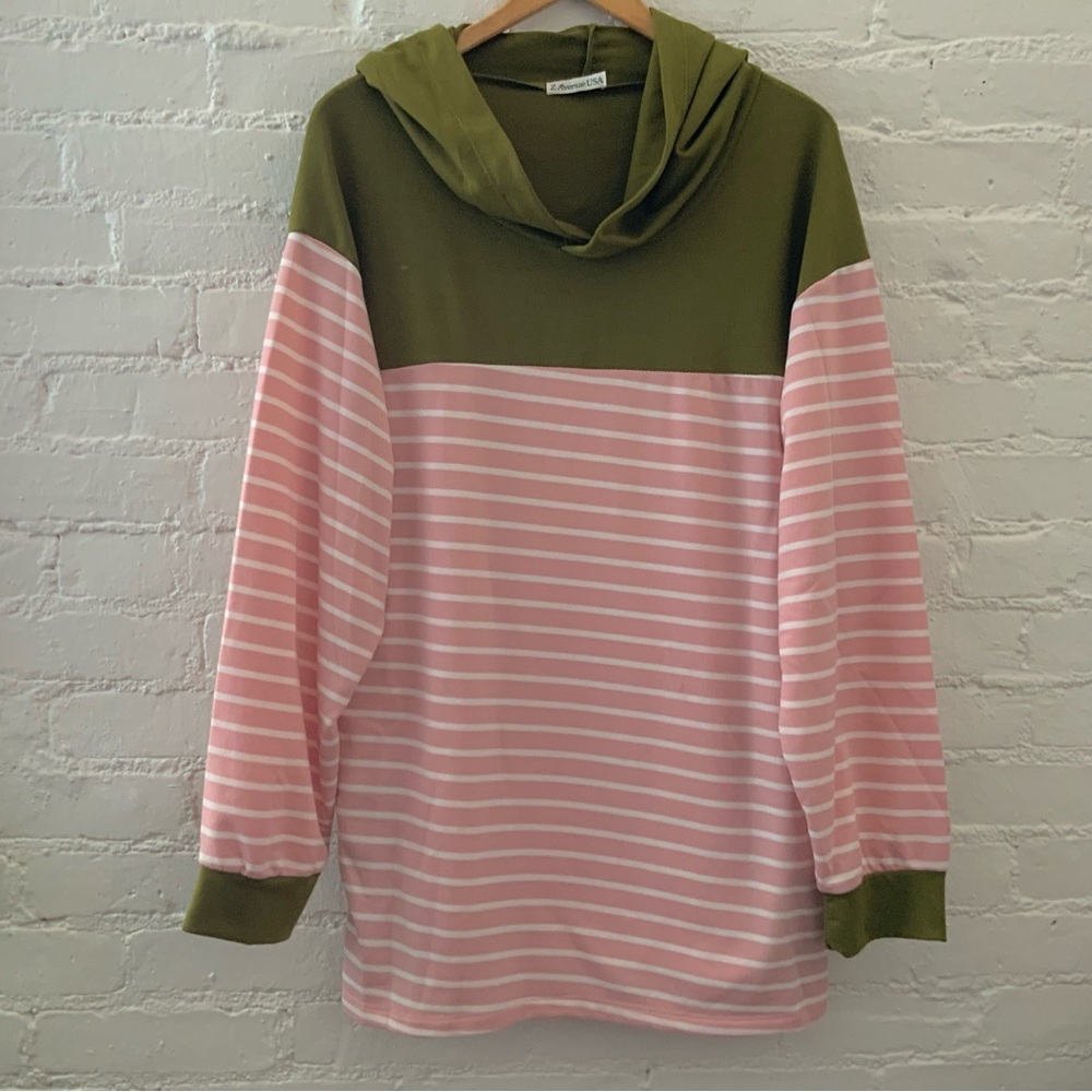 Z Avenue USA Women Green Pink Striped Print Hooded Tunic Top Relaxed Fit Cozy